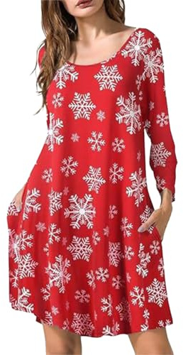 ABINGOO Damen Langärmeliges Weihnachtskleid Casual Rundhals Kleid Rentier Schneeflocken Druck Pulloverkleid Elegante Cocktailparty Weihnachten Kurzes Kleid