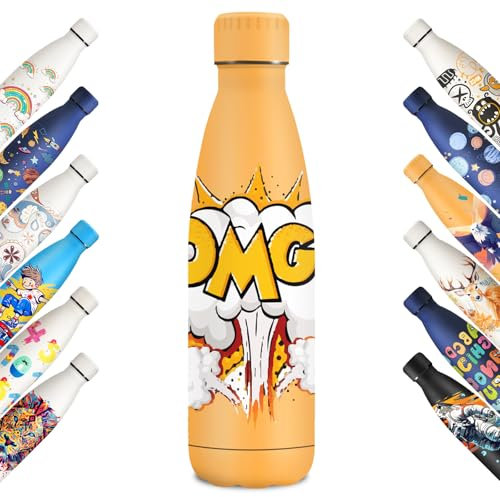 KollyKolla Trinkflasche Edelstahl 500ml, Isolierflasche mit Muster, BPA-Frei, Kohlensäure Geeignet, Vakuum Thermosflasche, Wasserflasche für Kinder, Büro, Schule, Gym, Sprudel, Camping, Yoga, OMG