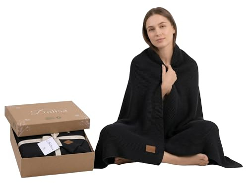 Dalisa 100% Baumwolle Strickdecke Schwartz 130x150 cm – GOTS-Zertifiziert, weich & gemütlich, vorgewaschen, waschmaschinengeeignet, in Geschenkbox