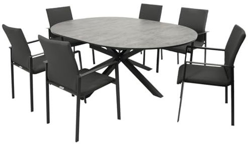 DEGAMO Gartenset Garnitur Lyon 7-teilig (6X Stapelsessel, 1x Ausziehtisch 140/200x140cm oval), Alu anthrazit + ECP in Steinoptik, wetterfest