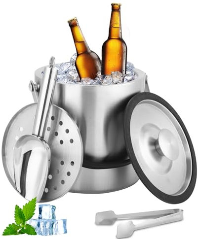 Goxiry Eiswürfelbehälter mit Deckel 2,2 L Eiskübel Edelstahl mit Schaufel, Clips und Sieb Eisbehälter Doppelwandiger für Kühlen von Bier Champagner Wein und Eiswürfel Speiseeis Aufbewahrung