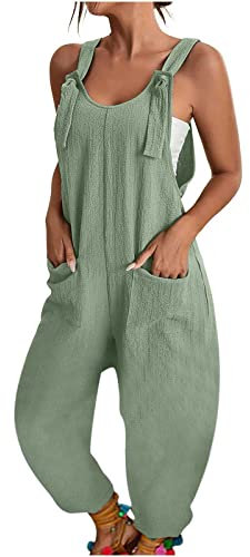 Combinaison Pantalon sans Manche Femme, Salopette Femme Ete Fluide Lin Jumpsuit À Bretelles Jambes Larges Combishort Léger Barboteuse Romper Combi Femmes Casual Playsuit avec Poches Bodycon