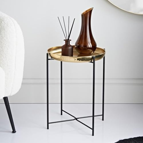 FAHAAM Modern Round Side Table with Gold Tray Top & Black Metal Legs Metal Sofa Tray Table Versatile Tray Table metal Round Tray Coffee/Tea/End Table for Living Room/Balcony. (W36.5 X D36.5 X H46cm)