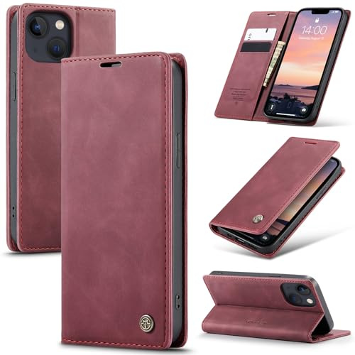 Samokor Handyhülle für iPhone 15 Plus 5G Magnet Leder Klapphülle | Premium Leder,Klappbar,Flip Case,Schutzhülle,Tasche,Kartenfach,Standfunktion,Stoßfest,Hülle für iPhone 15 Plus,Weinrot