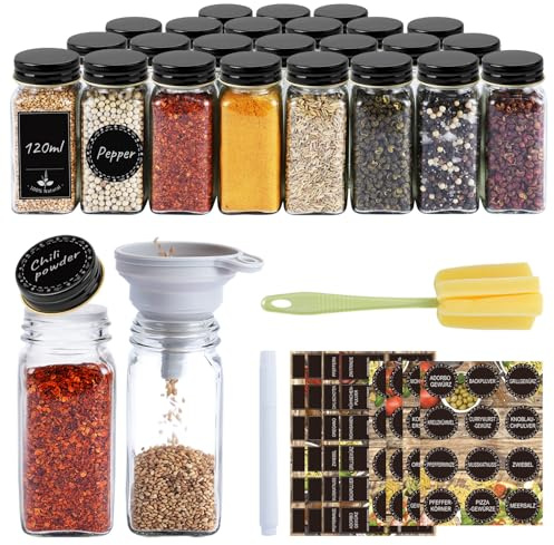 UISEBRT Lot de pots à épices carrés 12/24 pots à épices avec étiquettes Spice Jars Bocaux à épices en verre 120ML Conservation d'épices hermétique avec insert à saupoudrer, entonnoir (Noir-24)