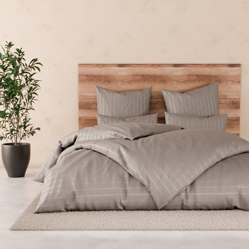 Pure Label Satin Bettwäsche 155x220 80x80 gestreift Taupe | 100% Baumwolle & Oeko-TEX Zertifiziert - Elegante und angenehm