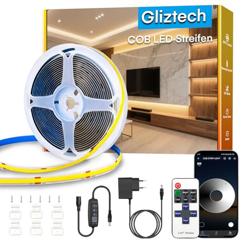 Gliztech Ruban Led Blanc Chaud COB, Intensité Variable 2700K, IRC90+, avec application et télécommande. Ruban Led Cob est idéal pour l'éclairage intérieur des chambres, salons, Cuisines, etc (15m)