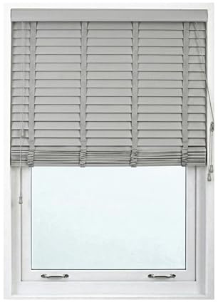 Grey/Silver Tape Design Faux wood window Shutters, 124cm Width x 150cm Drop | 50mm Horizontal Slats - Included Child Safe, Home Office Window Venetian Blinds