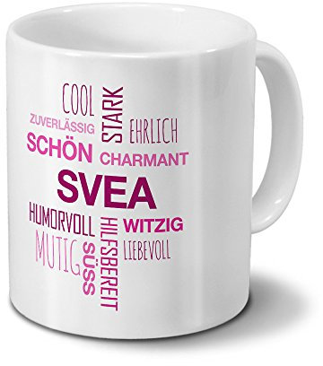 printplanet Tasse mit Namen Svea Positive Eigenschaften Tagcloud - Pink - Namenstasse, Kaffeebecher, Mug, Becher, Kaffeetasse