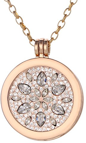 Morella Halskette Damen Gold 70 cm Edelstahl und Anhänger mit Coin 33 mm in Schmuckbeutel Blüte Zirkonia Silber