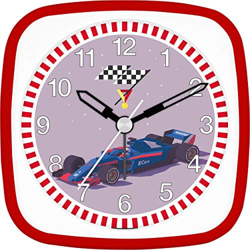 Eurotime Wecker Jungen Rennauto Rennsport, Kinderwecker, Rot, Kunststoffgehäuse und Kunststoffglas, geräuscharmer Wecker, ohne Ticken, mit Licht und Weckwiederholung, 27103-01