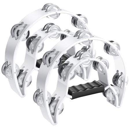 Flexzion Pandereta de metal de media luna, instrumentos musicales de doble fila de metal, instrumentos de percusión con mango ergonómico, panderetas para adultos, 2 paquetes, color blanco