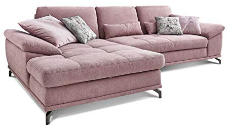 Cavadore L-Form-Sofa Castiel mit Federkern / Große Eckcouch mit Sitztiefenverstellung und XL-Longchair / 312 x 89 x 173 / Webstoff, Flieder-Rosa