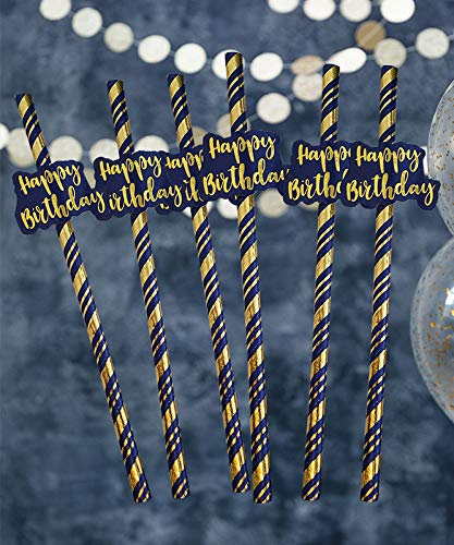 Alandra Party Happy Birthday Navy & Gold Metallic Straws, Pack of 6