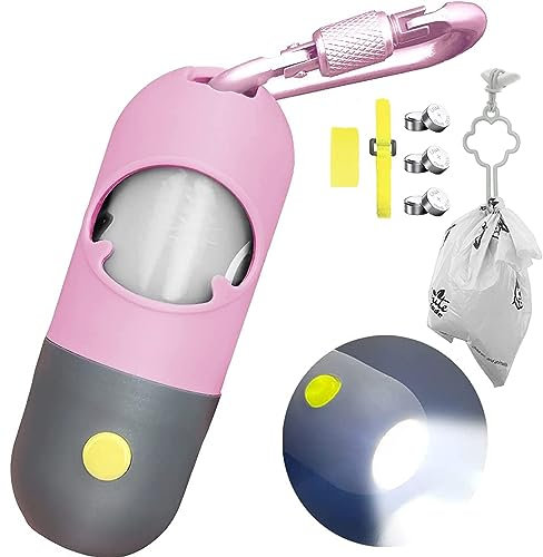 Hundekotbeutelspender mit integrierter LED-Taschenlampe und Robuster Karabiner, Zubehör für Hundeleinen, Freihand-Beutelhalterfür das Gehen mit dem Hund (Rosa)