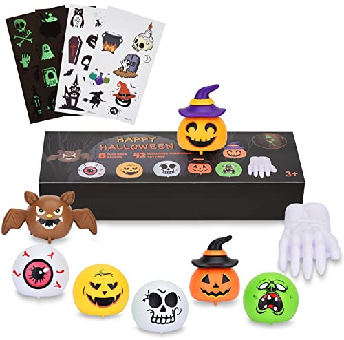 Lustiges Aufziehspielzeug Set für Kinder, 8 Stück Aufziehbare Kürbis Ghost Skull Wind Up Spielzeugs + 4 Blatt Leuchtend Temporäre Tattoos, Halloween Mitgebsel Party Favors Partygeschenk Gastgeschenk