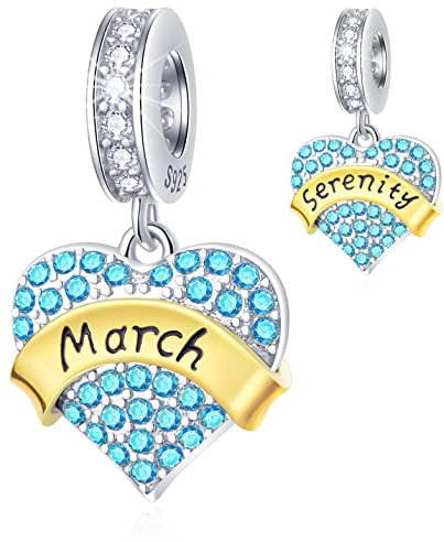 März Geburtsstein Herz Anhänger Geburt Charms, passt Pandora Geburtstag Armband, 925 Sterling Silber Aqua March Birthstone Perlen, Geschenk für Mädchen/Birthday/Frauen