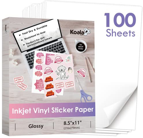 Koala bedruckbares Vinyl-Aufkleberpapier für Tintenstrahldrucker – 100 Blatt glänzendes, weißes, wasserbeständiges, selbstklebendes Etikettenpapier – 21,6 x 27,9 cm, reißfest, ablösbar