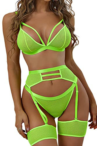 Aranmei Ensemble de lingerie sexy 4 pièces pour femme avec porte-jarretelles et porte-jarretelles, soutien-gorge et culotte en maille taille haute, vert fluorescent, S