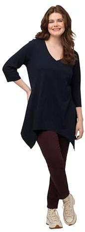 Ulla Popken T- Shirt Mit V-Ausschnitt Und Spitzem Saum Aus Umweltfreundlicher Baumwolle Damen, Marine, 54-56