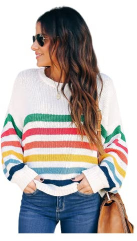 HEYPORK Damen Herbst Winter Warm Bequem Pullover Casual Mode Strickjacke Strickpullover Frauen Gestreifter Patchwork Strickpullover Mode Pullover(Weiß, M)