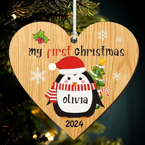Personalised Babys first Christmas Bauble 2025 1st Christmas Baubles Xmas Tree Decorations with Any Name Wooden Hanging Ornaments Gift for New Baby Son Daughter Granddaughter Grandson(Heart 2)