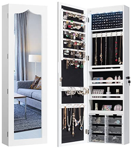 RELAX4LIFE Schmuckschrank, Schmuckregal mit 6 Acrylschubladen & 3 Lagerregalen & LED-Beleuchtung & Spiegel, Schmuckorganizer für Ohrringe Armband Kette Ringe Kosmetik, Tür- & Wandmontage (Weiß)