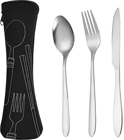 Cubiertos Acero Inoxidable, Cuchillo Tenedor Cuchara Cuberteria, Juego de Cubiertos para 1 Personas Portátil, Cubiertos para Llevar, Cubiertos Camping para Escuela Oficina Acampar Viajes (Negro)