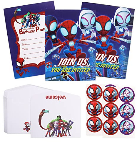 12PCS Geburtstagseinladung Spider-man mit Umschlag und Runde Aufkleber, Einladungskarten Spiderman, Spidey und Seine super-freunde einladungskarten, Jungen Einladungskarten Geburtstag