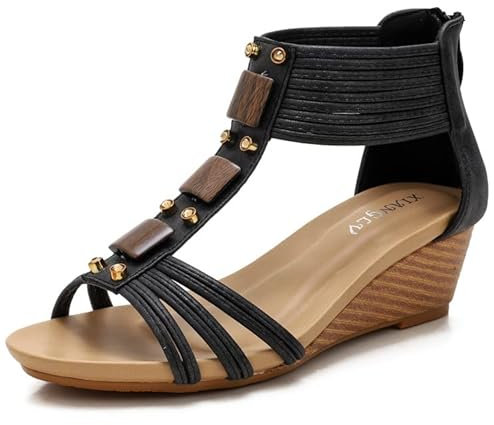 Sandales Femme Été Confortable Talon Compensées Nu-Pieds Mode Chaussure Orthopédique Bout Ouverte Plateforme Cuir PU Claquettes 36-42 (40,Noir)