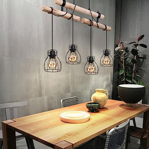 Globo Pendelleuchte Esstisch Pendellampe Hängeleuchte Holz 4 flammig Hängelampe Holzbalken Vintage, höhenverstellbar durch Wickeln der Kabel 2 Balken drehbar, 4x E27, LxH 95 x 140 cm