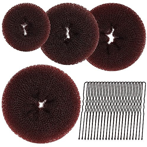 Duttkissen,24 Stück Donut Hair Bun Maker Set,4 Stück Donut-Haarknoten und 20 u-förmige Haarnadeln, Duttkissen klein und groß Nylon Haardonut braun Dutt Hilfe für Kinder Mädchen,Donut Hair Bun Set