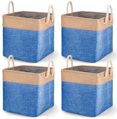 SOALSUIS 4 Stück große Aufbewahrungskörbe, faltbare Stoff-Aufbewahrungsboxen Organizer mit Griffen für Kleidung, Spielzeug, Würfel-Aufbewahrungskörbe für Schränke, Regale, Schrank (33 cm, Blau)