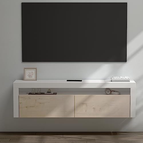 doporro TV Lowboard TV-Schrank Fernsehschrank 160cm in matt Weiß und Eiche Greige Hängend oder Stehend Fernsehtisch mit 2 Schranktüren, TV-Regal für Fernseher Fernsehschrank01