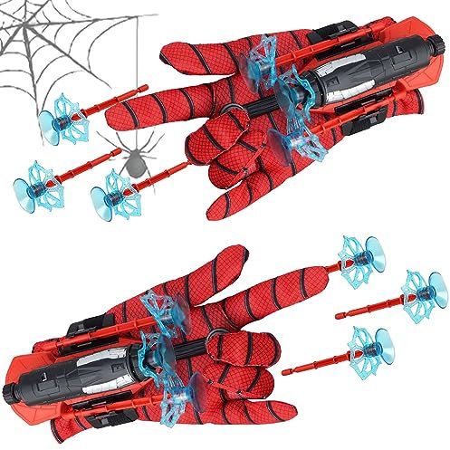 ACTOYS Guanti Spara Ragnatele Spider, Set di 2 Launcher Glove + 2 Guanti Cosplay per Bambini + 6 Freccette a Ventosa, Spider Bambino per Regali Giocattolo Halloween Dress Up Giochi
