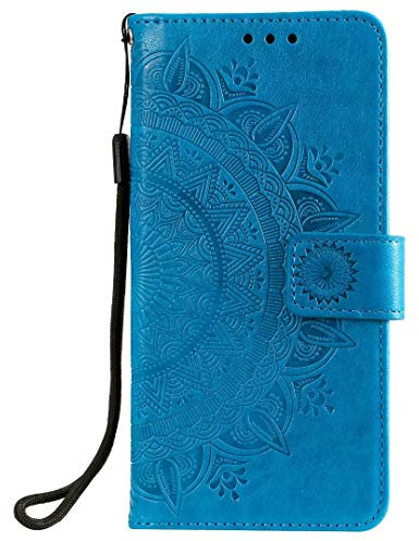 Reevermap iPhone 13 Case, Protective Flip PU Leather Phone Case with Card Holder, Mandala Pattern, Blue, Kickstand