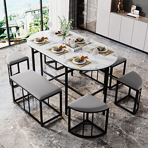 KUAKE Esszimmertisch-Set mit sechs Stühlen, Essgruppe mit weißen MDF-Sitzfläche und Eisenrahmen,Moderne Luxustische und -stühle (Weißer und Schwarz)