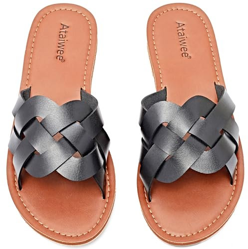 Ataiwee Damen Slide Sandalen - Komfortable Slip On Mode Strappy Flache Sommer Schuhe.(1908002,BK/MF,41)