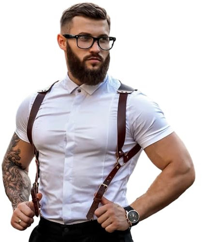BaronHong PU-Leder-Renaissance-Hosenträger, Vintage-Herren-Rückenstützgeschirr, Metallhaken für Männer, Steampunk, handgefertigt (braun, M)