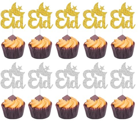 Eid Mubarak Tortendeko - 10 Stück Gold Silber Glitzer Eid Mubarak Cake Topper Eid Mubarak Topper Eid Mubarak Kuchendeko Eid Mubarak Dekoration für Eid Mubarak Ramadan Muslim Islam Deko