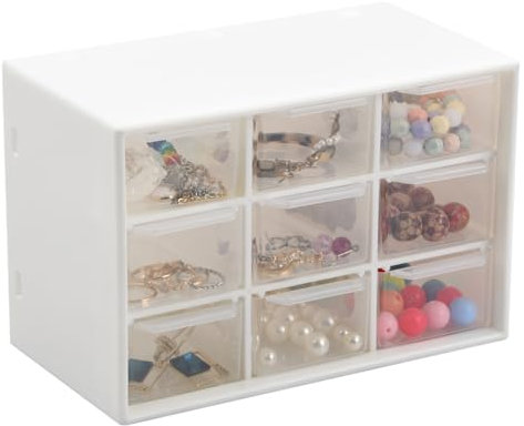 Volumoon Mini Plastic Drawer Organiser, 9-Drawer Storage Containers Small Storage Drawers Box, Clear & White Desk Organise, Craft Drawers for Office Tools, Sewing & Craft Supplies, Accessories