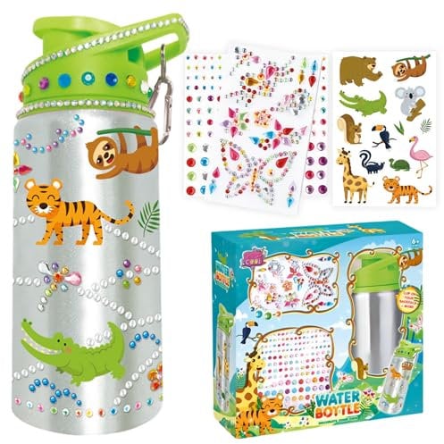 Kids DIY Water Bottle, Decorate Your Own Water Bottle with 3 Sheets Glitter Gem Stickers Water Bottle Arts and Crafts Kit for Kids Gifts for Girls Boys Age 5-12 Years Old (Animal)