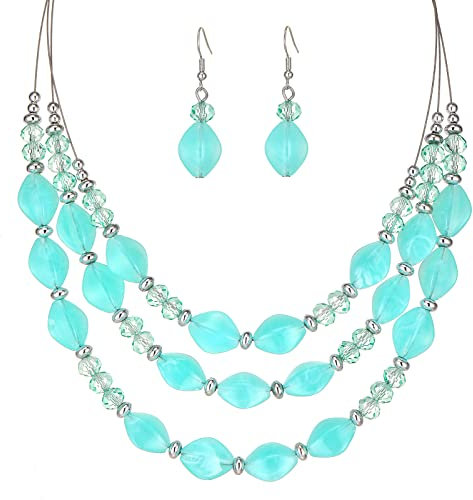 FULU AUTUMN Chunky Statement Perlen Kette und Ohrringe Set Schmuck Set für Damen Valentinstag Geburtstags Geschenk für Frauen(42-Turquoise)