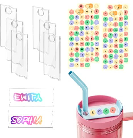 DeryArcle 6 Stück Amensschild für Stanley 40 OZ, Personalisierte Transparent Tasse Namensschilder Mit 4 Blatt Buchstaben Aufkleber für Stanley Cup Deckel DIY Dekorationen (Typ A)