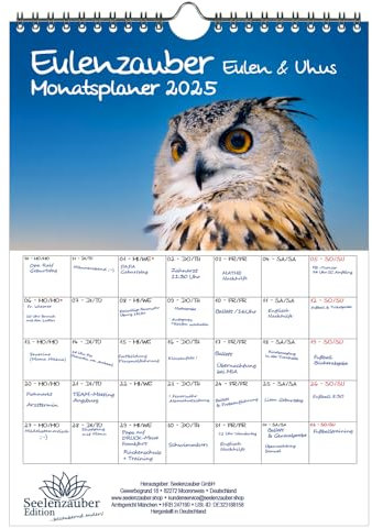 Eulenzauber Eulen und Uhus Planer DIN A4 Kalender für 2025 - Geschenkset: 1x Kalender 1x Weihnachtsanhänger 1x Grußanhänger (gesamt 3 Teile)