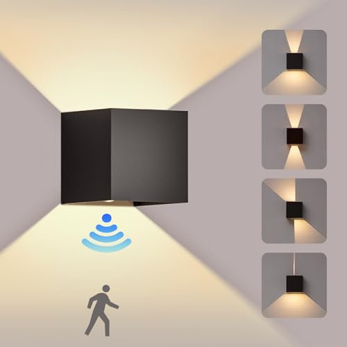 OTeedo LED Wandleuchte Aussen mit Bewegungsmelder, 12W Schwarze Wandlampe Außen IP65 3000K Flurlicht mit Bewegungsmelder Abstrahlwinkel Nach Oben und Unten Verstellbar Moderne Wall Lights Indoor