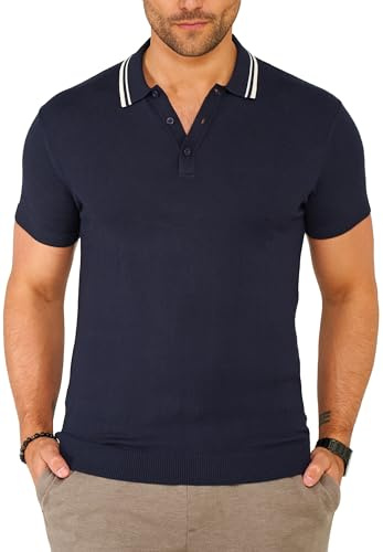 Soulstar Herren Strick Poloshirt Kurzarm T-Shirt Polo-Hemd Knit Oberteil mit Knopfleiste Strick-Polo Golf-Polo Tennis-Polo mit Kontrast-Stripes