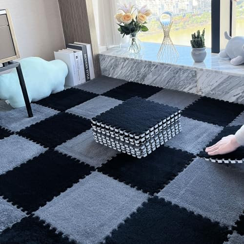 150 pièces - 144 m² - Tapis de sol en mousse souple en peluche - Carreaux de moquette emboîtables - Tapis de jeu carré - Salle de jeux, chambre à coucher - 30,5 x 30,5 cm (gris + noir 0,39 cm)