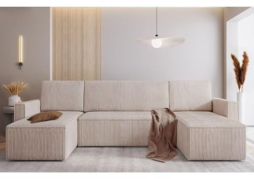 Easy4You Cream Mimir Corduroy U-shaped Corner Sofa Bed 303 x 80 x 145 cm with Sleep Function and Bedding Container - Sofa Bed with Bed Box - Corner Couch with Storage Space - Fabric: POSO 100