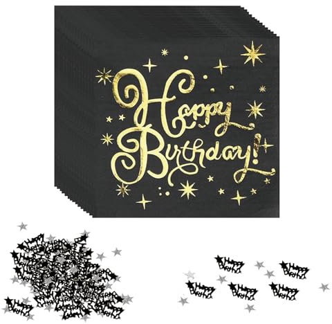 40 Pièces Serviette Papier, Serviettes de Table Happy Birthday Blanc Or Tissu Vaisselle Jetable Joyeux Anniversaire pour Fille Garçons Fête D'anniversaire Décoration Anniversaires Deco (Noir)
